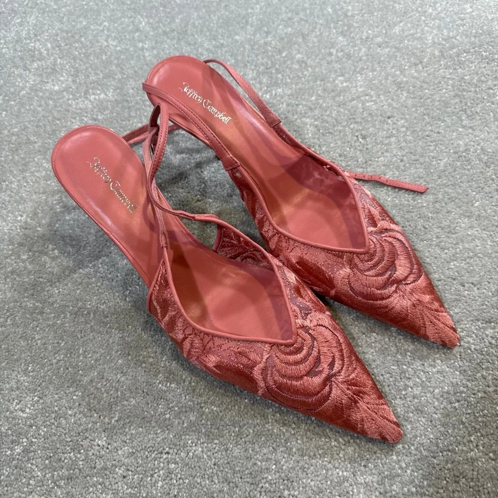 Jeffrey Campbell Exec Ankle Strap Pointed Toe Pump Pink Floral Lace Heel NWOT 11